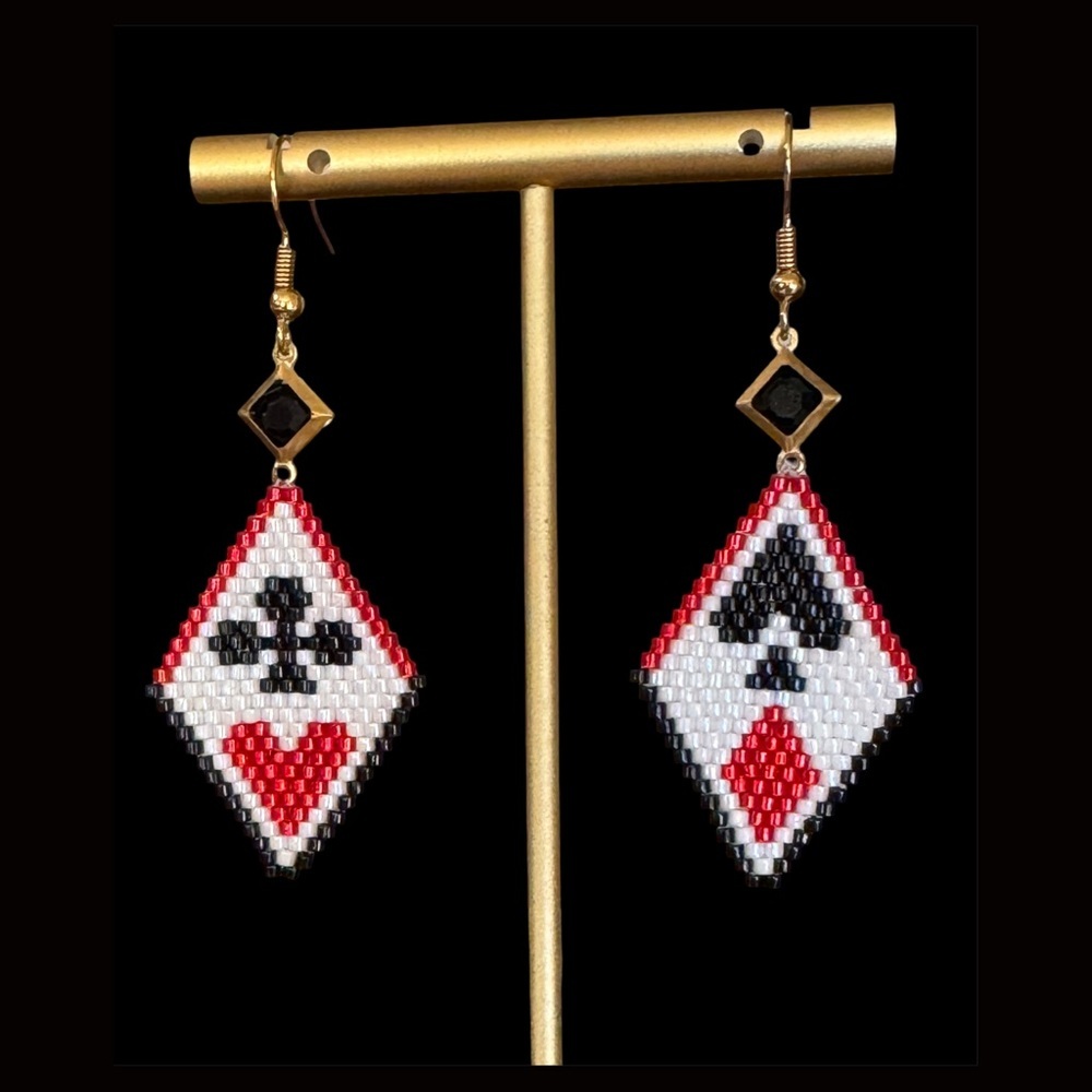 Hand crafted beaded Playing Card Earrings in Red, Black Earrings